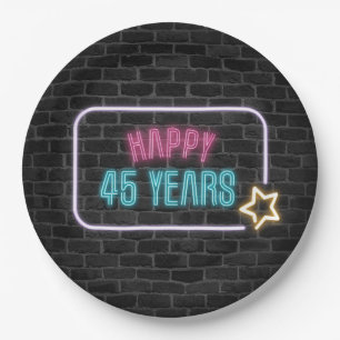 Neon 45th Birthday Marquee On Brick Wall Paper Plates