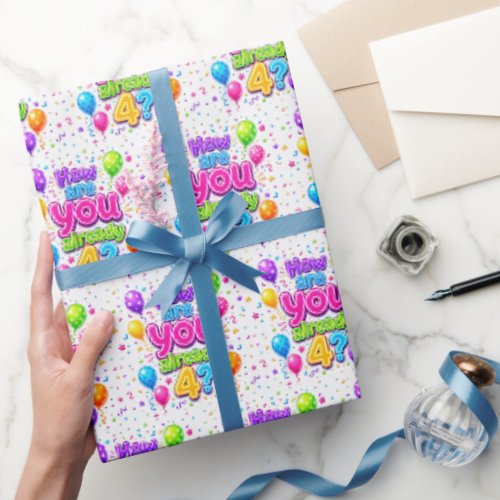Neon 4th Birthday Party Balloons and Confetti Wrapping Paper