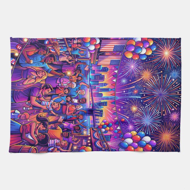 Neon 4th of July Independence Day Celebration Kitchen Towel (Horizontal)