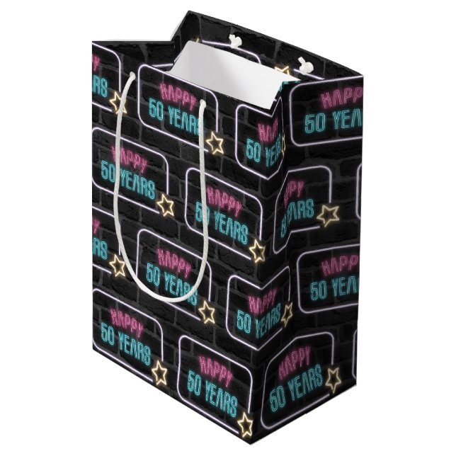 Neon 50th Birthday Sign On Brick   Medium Gift Bag (Back Angled)