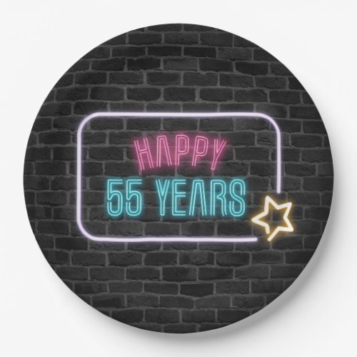 Neon 55th Birthday Marquee On Brick Wall Paper Plates