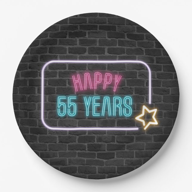 Neon 55th Birthday Marquee On Brick Wall Paper Plates (Front)