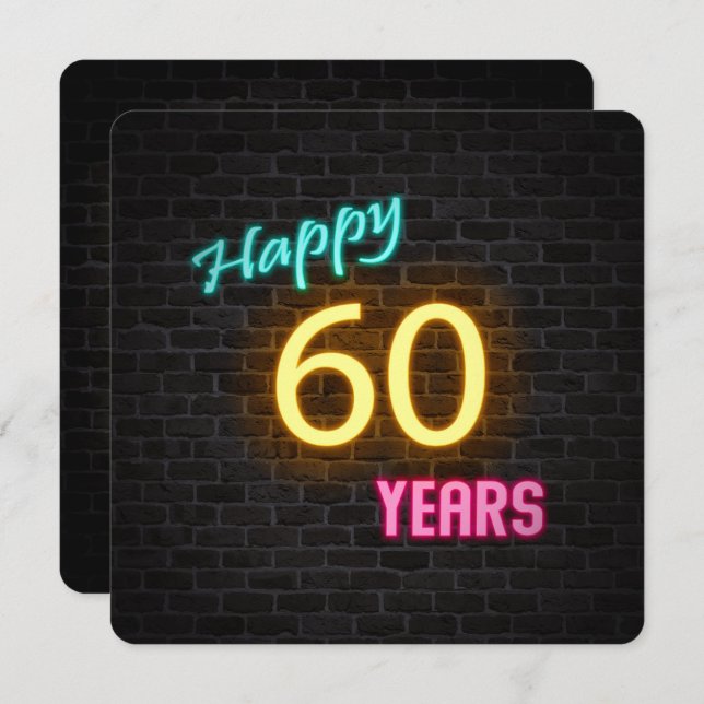 Neon 60th Birthday Sign glowing on brick Invitation (Front/Back)