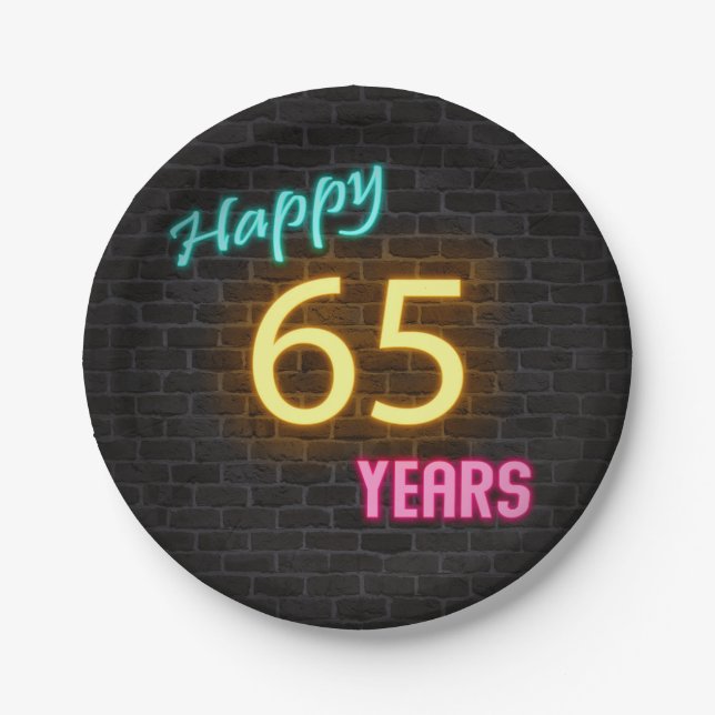 Neon 65 sign on brick wall paper plates (Front)