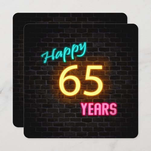 Neon 65th Birthday Sign glowing on brick Invitation