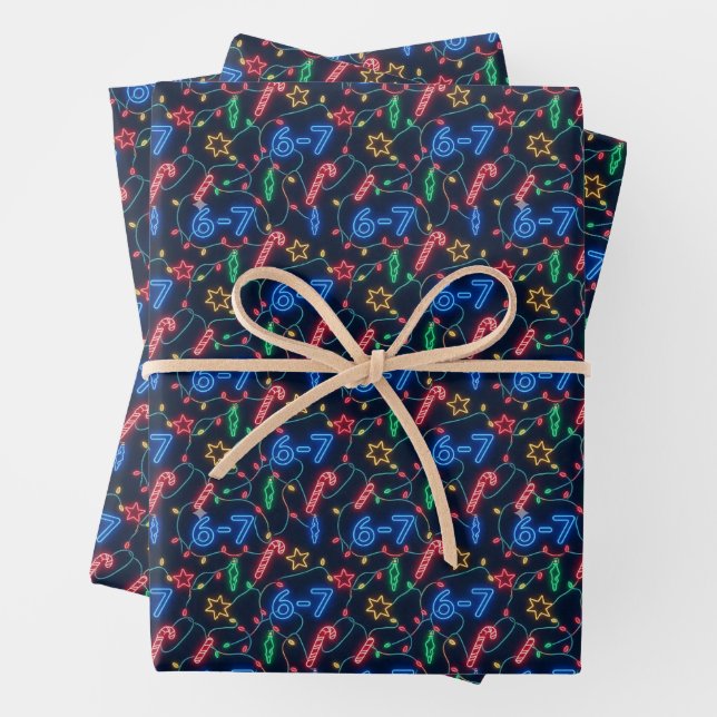 Neon 67 Meme Christmas Funny Xmas Lights Wrapping Paper Sheets (In situ)