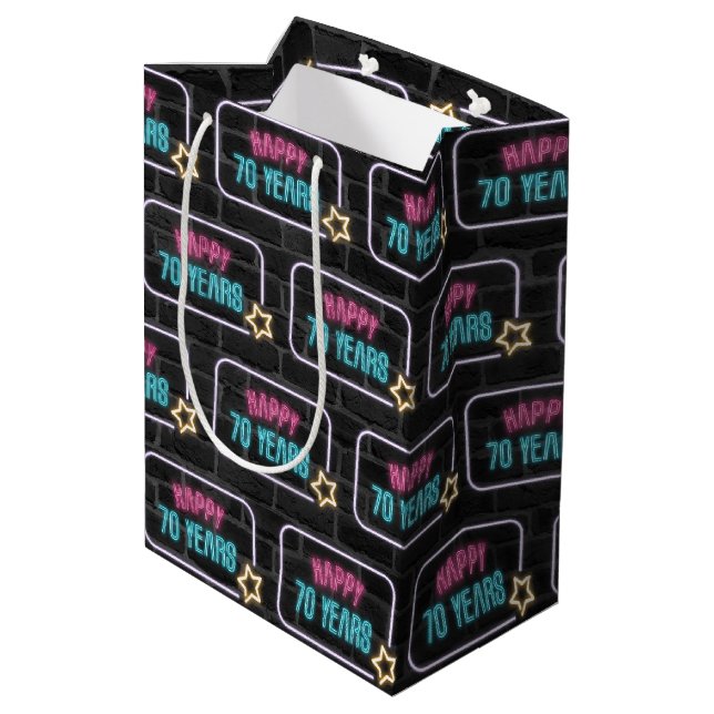 Neon 70th Birthday Sign On Brick   Medium Gift Bag (Back Angled)