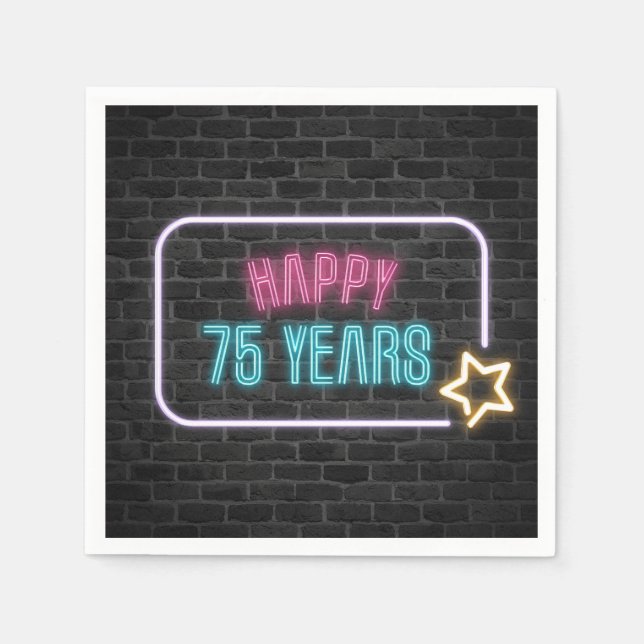 Neon 75th Birthday Marquee On Brick Wall Napkins (Front)