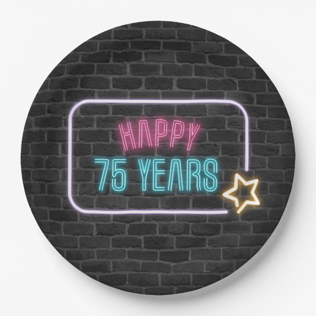 Neon 75th Birthday Marquee On Brick Wall Paper Plates (Front)