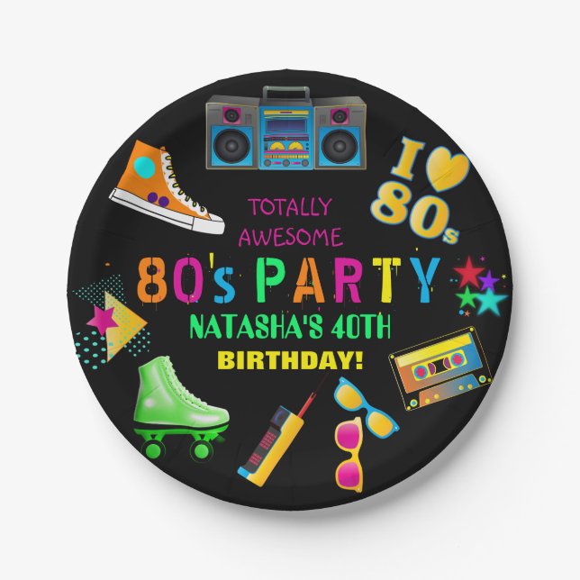 Neon 80's Birthday Party Paper Plates (Front)