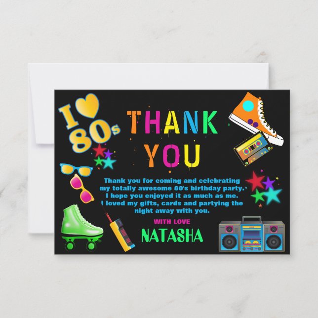 Neon 80's Birthday Party Thank You Card (Front)