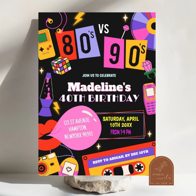 Neon 80s vs 90s Retro Disco Mixtape Birthday Party Invitation (Creator Uploaded)