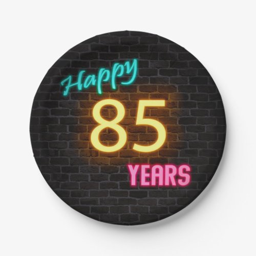 Neon 85 sign on brick wall paper plates