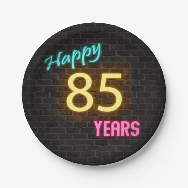 Neon 85 sign on brick wall paper plates (Front)