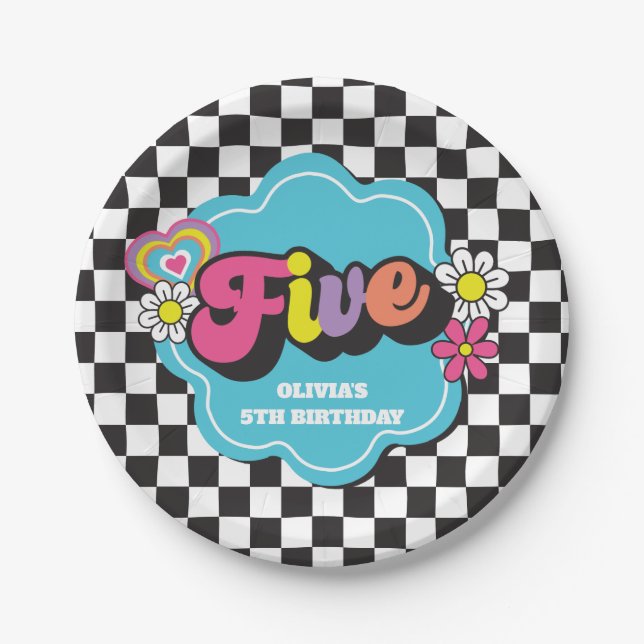 Neon 90s Retro 5th Birthday Paper Plates (Front)