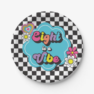 Neon 90s Retro Eight is a Vibe 8th Birthday Paper Plates