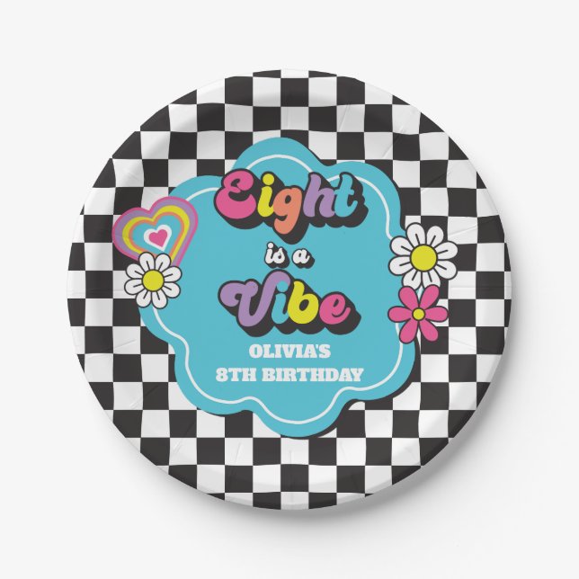 Neon 90s Retro Eight is a Vibe 8th Birthday Paper Plates (Front)