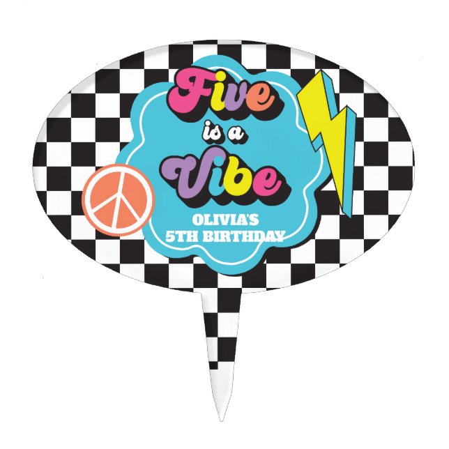 Neon 90s Retro Five is a Vibe 5th Birthday Cake Topper (Front)