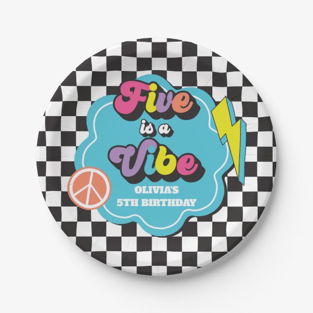 Neon 90s Retro Five is a Vibe 5th Birthday Paper Plates (Front)