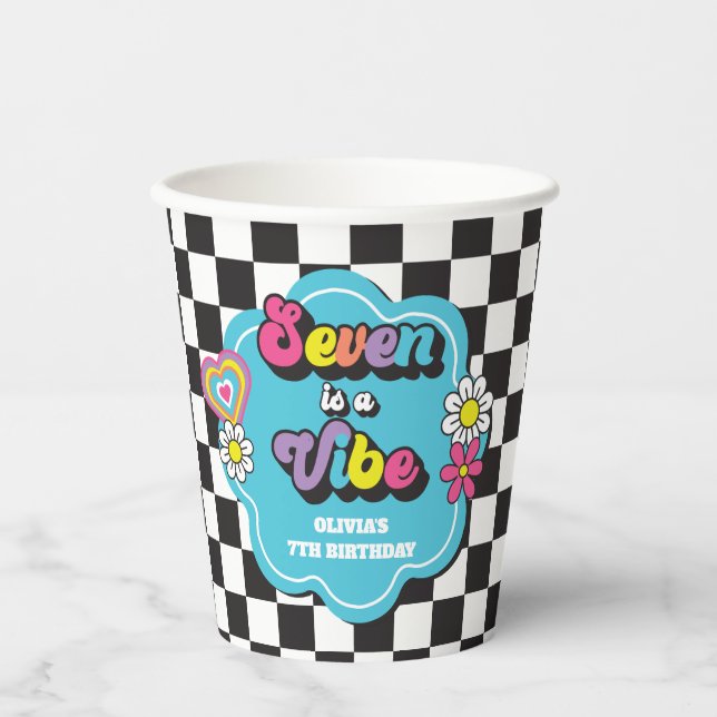 Neon 90s Retro Seven is a Vibe 7th Birthday Paper Cups (Front)
