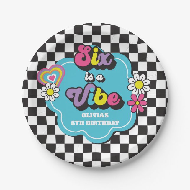 Neon 90s Retro Six is a Vibe 6th Birthday Paper Plates (Front)