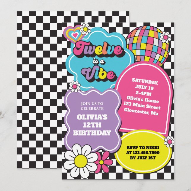 Neon 90s Retro Twelve is a Vibe 12th Birthday Invitation (Front/Back)