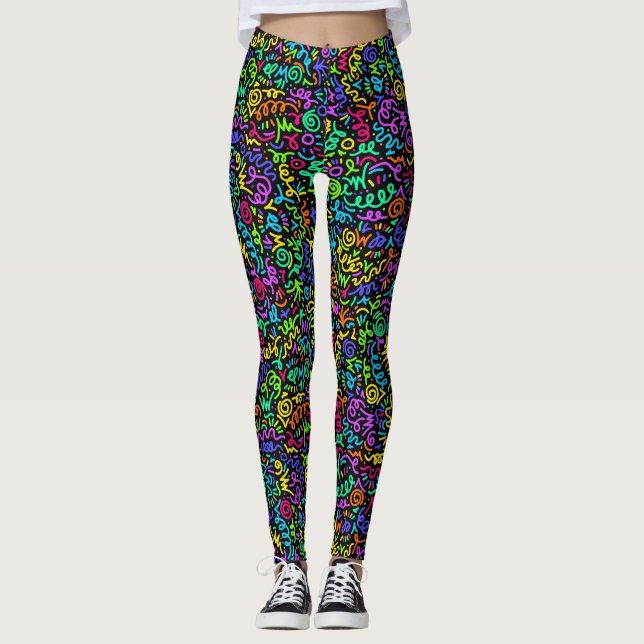 Neon 90s Squiggle Scribbles Seamless Pattern Leggings (Front)