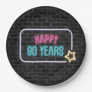 Neon 90th Birthday Marquee On Brick Paper Plate