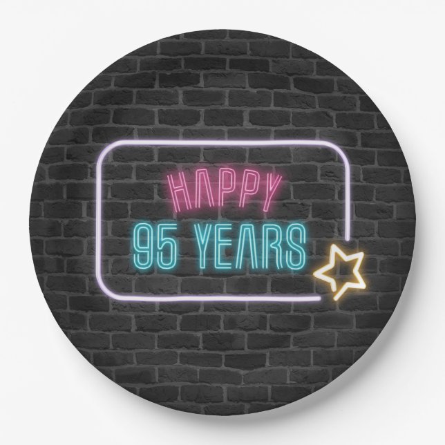 Neon 95th Birthday Marquee On Brick Wall Paper Plates (Front)