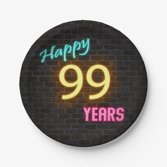 Neon 99 sign on brick wall paper plates (Front)