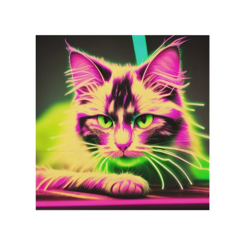 Neon Abstract Cat Portrait 8x8 Wood Wall Art