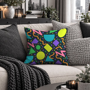 Neon Abstract Colorful Shapes Black Throw Pillow A