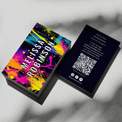 Neon Abstract Colors Paint Splatter Black & White Business Card
