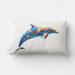 Neon Abstract Dolphin Art – Colorful Energy Wave Lumbar Pillow