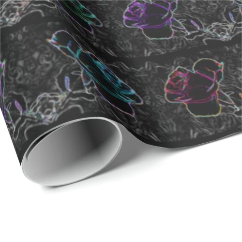 Neon Abstract Roses on Black 30 x 6 Roll of Wrapping Paper