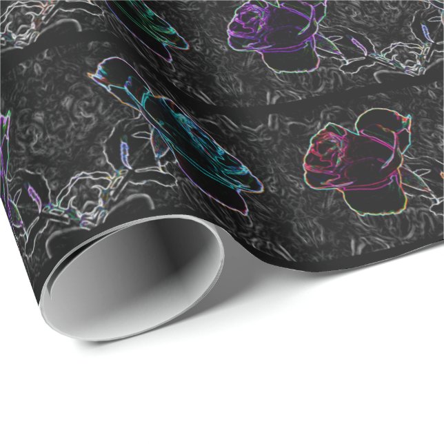 Neon, Abstract Roses on Black 30" x 6' Roll of Wrapping Paper (Roll Corner)