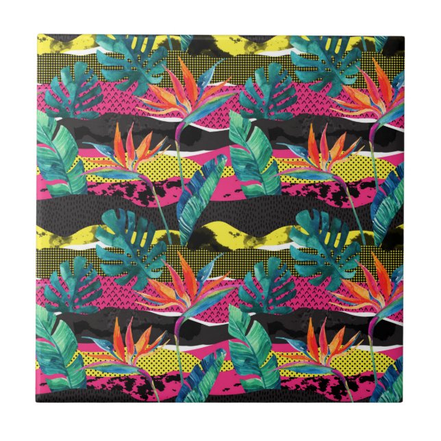 Neon Abstract Tropical Texture Pattern Ceramic Tile (Front)