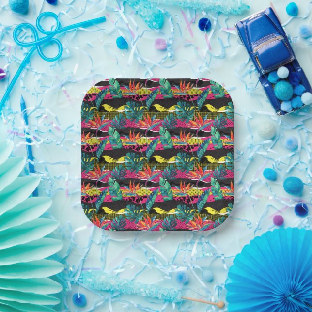 Neon Abstract Tropical Texture Pattern Paper Plates (Party)