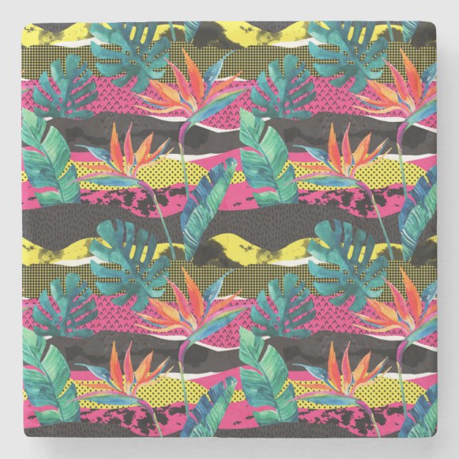Neon Abstract Tropical Texture Pattern Stone Coaster (Front)