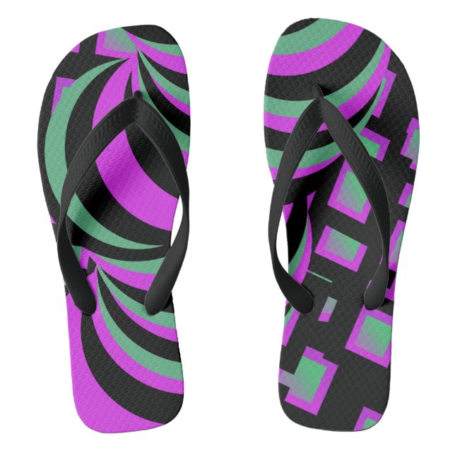 Neon  Abstract Tunnel Swirls Pink Black Flip Flops (Footbed)