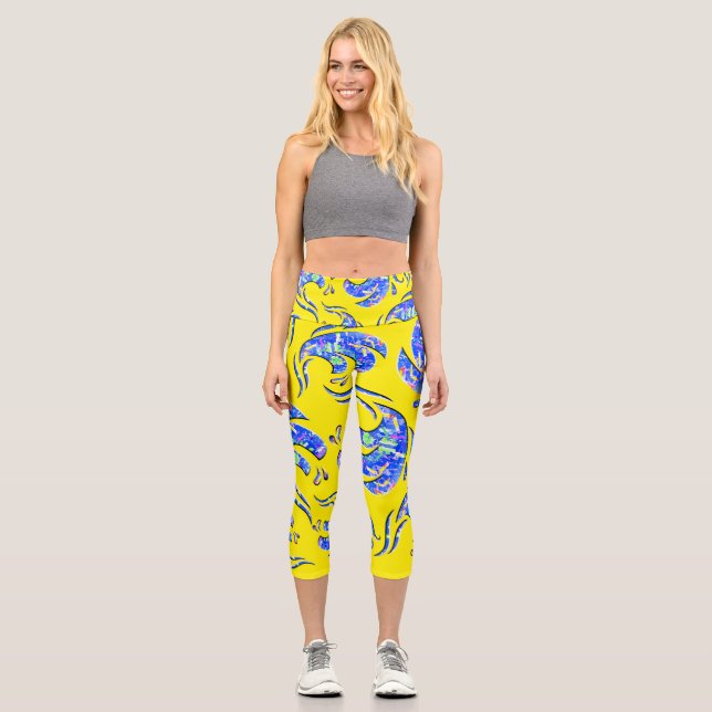 Neon Abstract Waves Art Pattern Capri Leggings (Front)