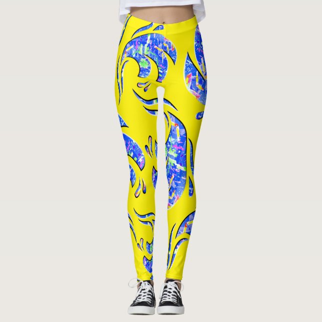 Neon Abstract Waves Art Pattern Leggings (Front)