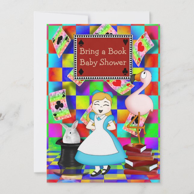 Neon Alice & Flamingo Bring a Book Baby Shower Invitation (Front)