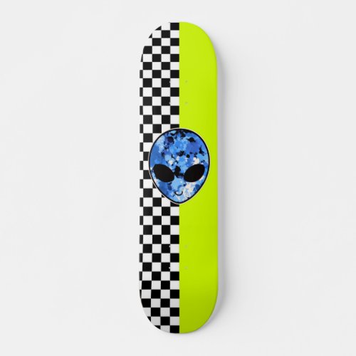 Neon Alien Checkered Skateboard