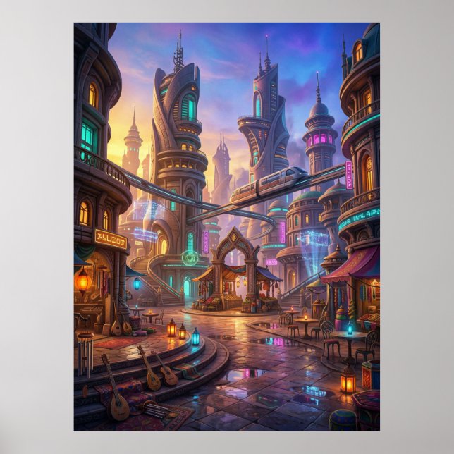 Neon Alien City Sunset Square Poster (Front)