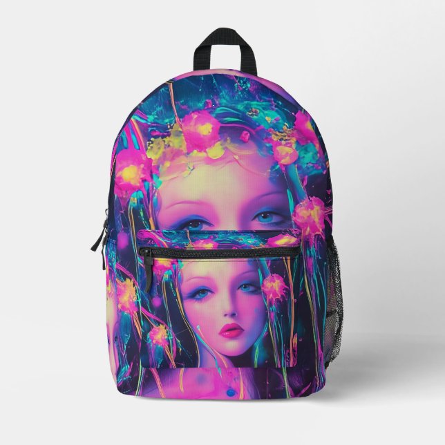 Neon Alien Goddess  Printed Backpack (Front)