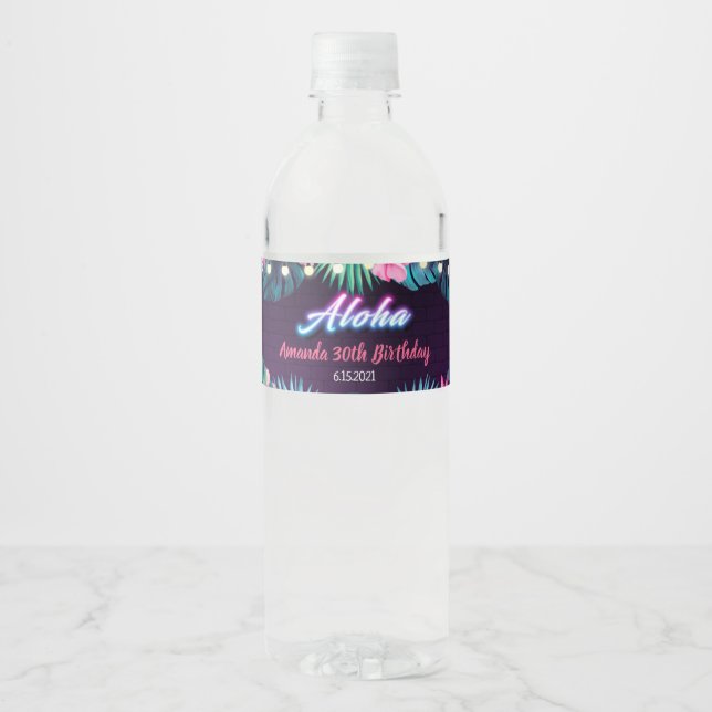 Neon Aloha Birthday Water Bottle Label (Front)