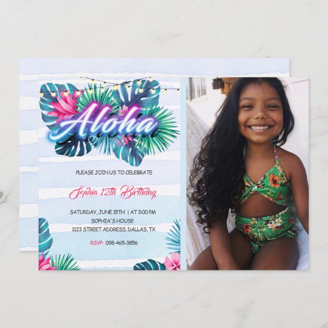 Neon Aloha Tropical Birthday Invitation (Front/Back)