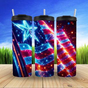 Neon American Flag Night Glow Thermal Tumbler