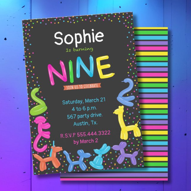 neon animal balloons 9th birthday invitation (Creator Uploaded)